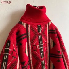 ビンテージ ネイティブ柄 タートルネック ニット 赤 レッド