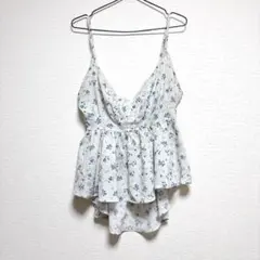 シーイン 小花柄 キャミソール Ｖネック フリル ペプラム XL 白青 古着