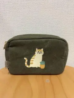 KALDI ニャンコーヒー コーデュロイポーチ 茶トラ カーキ 猫