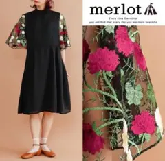 merlot plus 花刺繍レース袖　ワンピース　ドレス　BLACK