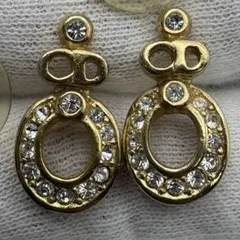【鑑定済】Christian Dior CDロゴ×ラインストーンピアス ゴールド