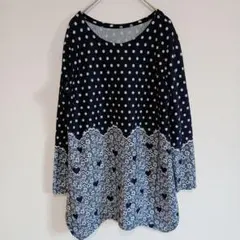 ​【大人可愛い】ドット×花柄 切り替え チュニック 裾フレア ネイビー系