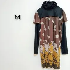 ノーブランド 【M】 ワンピース フェイクレイヤード 花柄 タートルネック 長袖