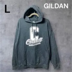 GILDAN パーカー L グレー プリント ロゴ プルオーバー 古着 防寒 冬