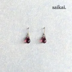 [873]チェコガラスドロップの一粒ピアス パープル ハンドメイド