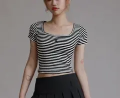 ストライプ スクエアネック 半袖 Tシャツ ブラック