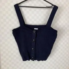 ネイビー リブ編み ニットキャミソール　ボタン付き