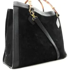 バンブー　トートバック　スエード　黒　レザー　A4可　2way　ショルダーバック