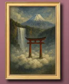 滝が浄め　鳥居が導き　富士が守る開運絵画　額縁付き　幸福のグラフィックアート