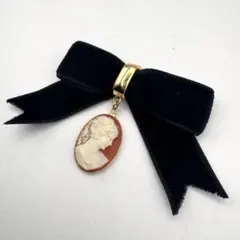 希少 カメオブローチ リボン ベルベット 黒 ゴールド アンティーク 24