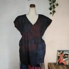 着物リメイク大島紬 Vネック 半袖チュニック