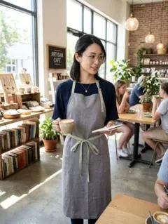 北欧風 リネン混エプロン ダークグレー×リーフグリーン おしゃれ カフェ風のサムネイル