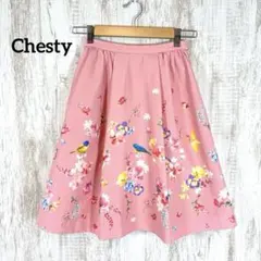 美品 Chesty チェスティ フラワー バード フレア スカート ピンク