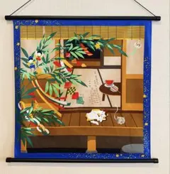 七夕ウォールデコ【7月 みけの七夕】軸付きタペストリー 猫 短冊 笹の葉 新品