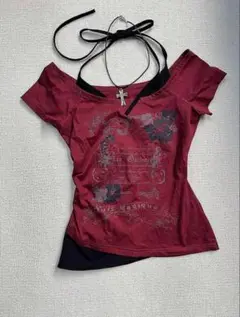 ワインレッド オフショルダー Tシャツ