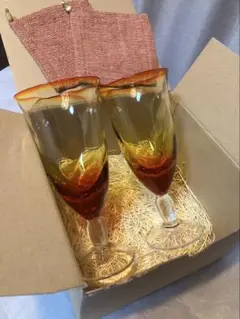 オレンジとイエローのガラス　グラス2個セット　レトロ　アンティーク