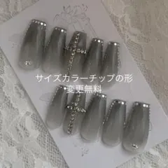 【ネイルチップオーダー】チークカラー変更可リボンワンホン韓国y2kグレーシルバー