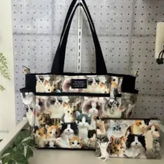 猫柄☆ポケットたくさんトートバッグ☆ポーチ付き☆ハンドメイド