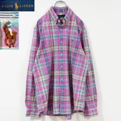 2XL相当　ポロラルフローレン　くすみカラーチェックボタンダウンシャツ　刺繍