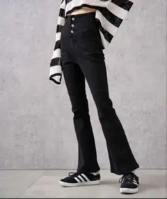 WEGO ハイウエストストレッチフレアデニムパンツ ブラック