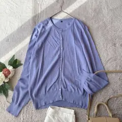 長袖カーディガン(L)羽織り/上着/ブルー/青/ストレッチ/Uネック