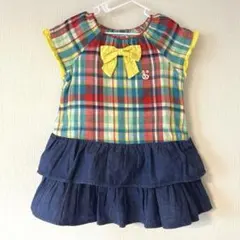 美品　ミキハウス　半袖チェックワンピース90　うさこ　春夏　フリル