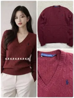 ラルフローレンスポーツ　ワインレッド Vネック ケーブル ニット　M