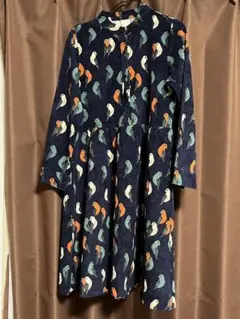 鳥柄ネイビー長袖ワンピース