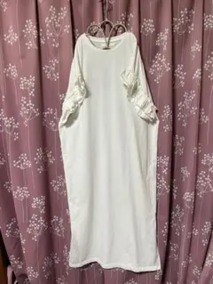 サマモスブルーの袖フリルロングTシャツワンピース