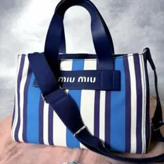 美品　miumiu　カナパ　トートバッグ　ネイビー　ストライプ　2wayのサムネイル