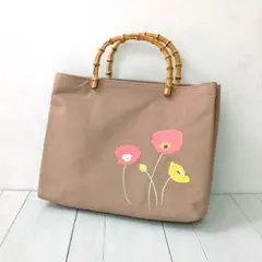 和モダンバッグ 麻 刺繍 バンブーハンドル　ポピー・ベージュ　浴衣/着物