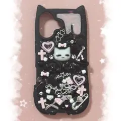 iPhone17 ケース デコ電 地雷系 量産型 埋めつくし 現品 黒ピンク40