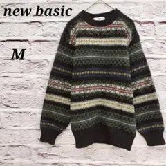 new basic【M】フェアアイル長袖ニット セーター 総柄 ウール ブラックのサムネイル