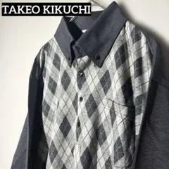 【美品】TAKEO KIKUCHIアーガイル柄　グレー　長袖ポロシャツ　Mのサムネイル
