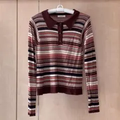 シアー ストライプ 長袖ポロニット