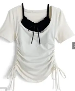 フリルリボンキャミソール×ドロスト半袖トップスアンサンブル ac2528 GRL