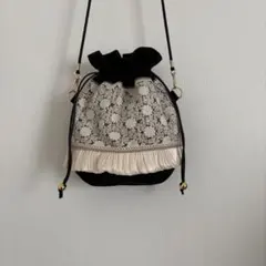 ハンドメイド　インド刺繍リボンフリル付き巾着袋バック　ブラック系⑥