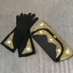 英国アンティーク　黒ラシャにゴールドの手刺繍　手袋とクラッチバッグセット