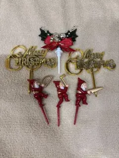 クリスマスケーキピック　Xmas飾り 6コセット 森の妖精サンタ 小人3匹います