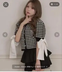 袖リボンギンガムチェックニット