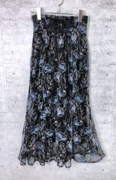 LILY BROWN フレアスカート 花柄 刺繍 レースアップ 黒サイズ1