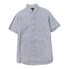 LANDS'END ランズエンド　半袖ストライプリネンシャツ　ネイビー　Lのサムネイル