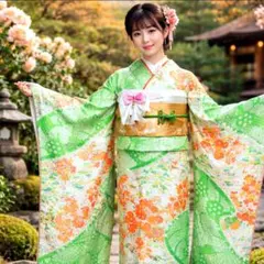 振袖　完全フルセット　26点　成人式　結婚式　前撮り　黄緑　総絞り　リボン　金