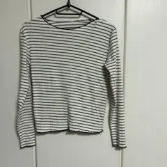 リブ編み ホワイト ブラック ストライプ 長袖トップス