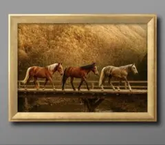 輝きの向こうへ　繁栄への道三頭の守護馬　すぐに飾れる額縁付き　開運グラフィック