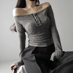 レオパードヘンリーネックオフショルトップス memeselectヒョウ柄 ギャル