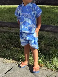 キッズ甚平 鯨・お魚柄 ブルー甚平・浴衣