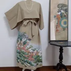 リメイク着物ロングワンピースボレロ付き正絹Ｌ加賀友禅染作家物色留袖