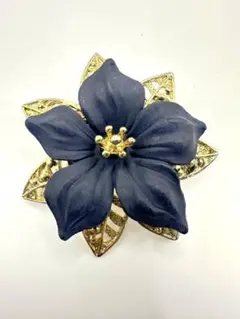 【極美品】ヴィンテージ ブローチ フラワー 濃紺 × ゴールド 透かし細工