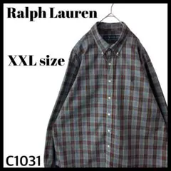 【BIG】ラルフローレン チェック柄 長袖シャツ ポニー ブルーグレー XXL